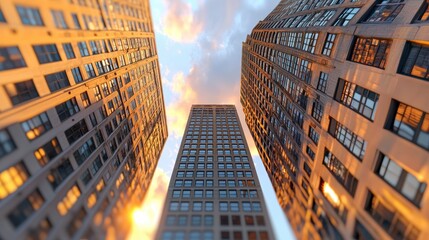 Low Angle View of Three Skyscrapers Under Cloudy Sky During Sunset