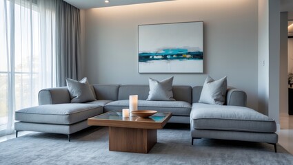 In a well-lit living room, a grey corner sofa with three pillows is positioned alongside a painting and a carpet.