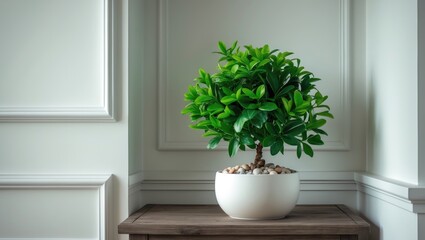 Green synthetic plant in a pot on a wooden tabletop near a wall, text space included