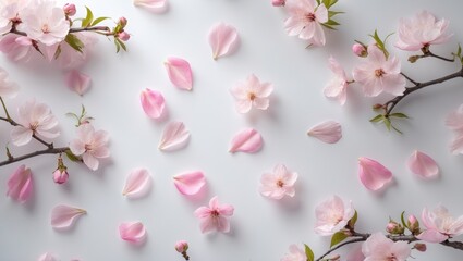 Recurring floral breeze featuring diverse ornamental blossoms and petals, studio photography, on a white background