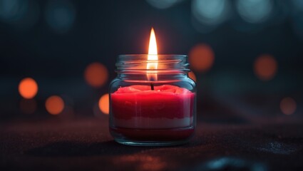 Red candle casting a glow in the dark evening