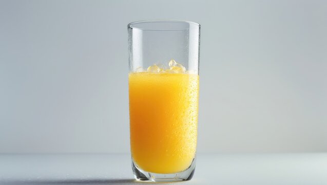 Glass filled with cool orange juice adorned with water droplets