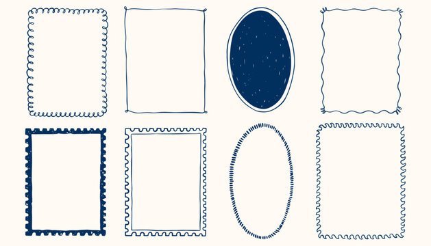 Hand drawn ink vintage frames in marine sea coastal style. Stamp or letter mark frames for greeting cards, wedding, birthday party, invitations. Minimalist coquette vector borders. Sketch art line