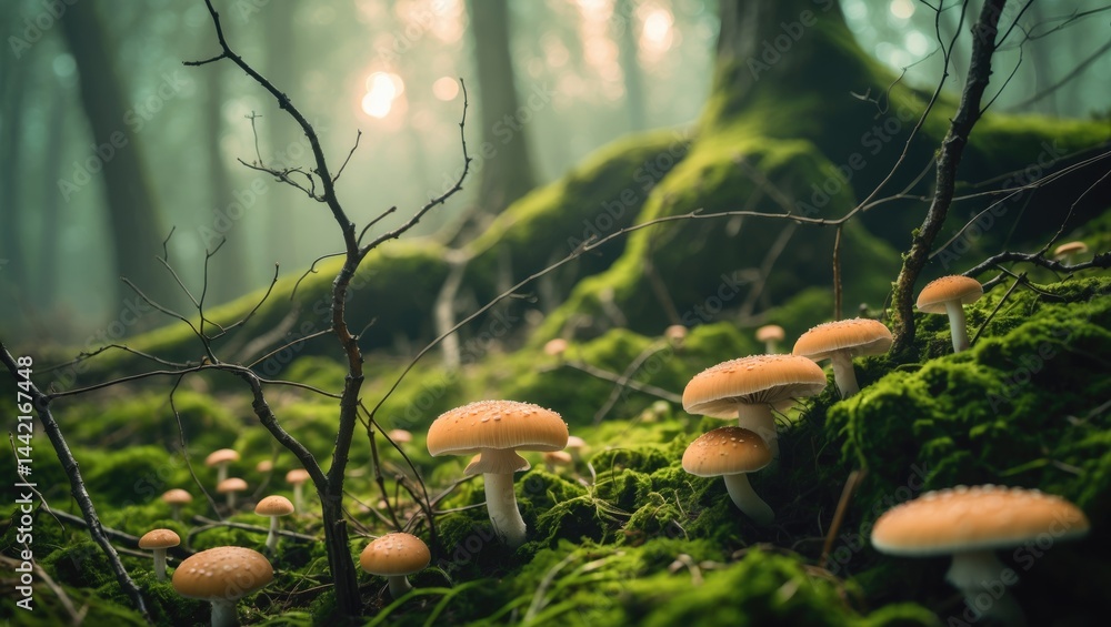Poster a remarkable macro perspective of a sapling thriving in lush moss, lit by soft sunlight filtering th
