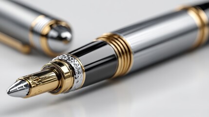 a luxury pen on a white isolated background, sleek design and professional lighting