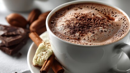 Fototapeta premium a cup of hot chocolate on a white isolated background, rich and inviting lighting