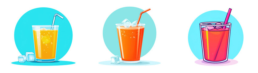 Three refreshing summer drinks with ice cubes and straws in glasses on a blue background 