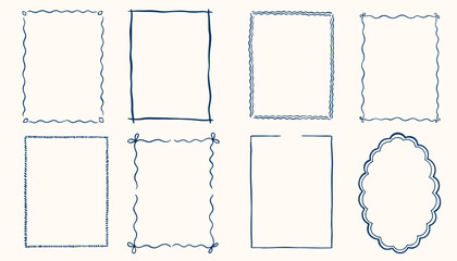 Hand drawn ink vintage frames in marine sea coastal style. Stamp or letter mark frames for greeting cards, wedding, birthday party, invitations. Minimalist coquette vector borders. Sketch art line