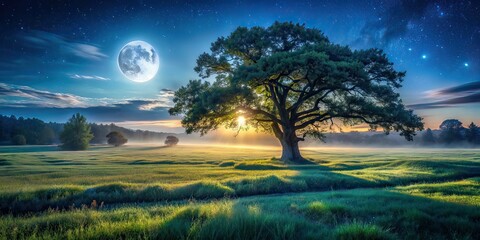 Moonlit Meadow, Ancient Oak - Night Forest Landscape
