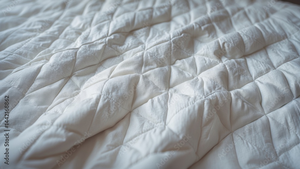 Aufkleber Design featuring natural linen fabric texture and sackcloth look, using bed sheets as backdrop. Shallow depth of field photograph.