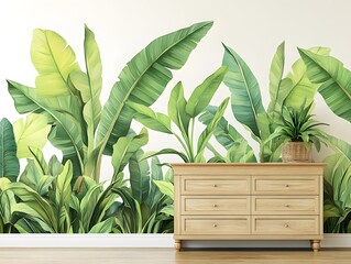 Lush Tropical Banana Leaves Watercolor Wall Mural with Wooden Chest
