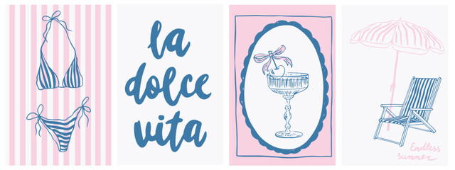 Summer Italy la dolce vita vintage posters. Amalfi or Sicily of postage stamps with image bikini, cocktails, beachy decor. Vector illustration ink doodle sketch style. Minimalist line art
