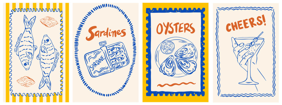 Summer Italy la dolce vita vintage posters. Amalfi or Sicily of postage stamps with image of Italian Mediterranean, sardines can, cocktails, oysters. Vector illustration ink doodle sketch style.