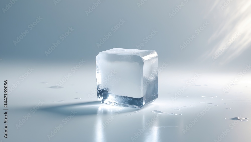 Poster melting ice cube with natural clarity on a reflective white surface