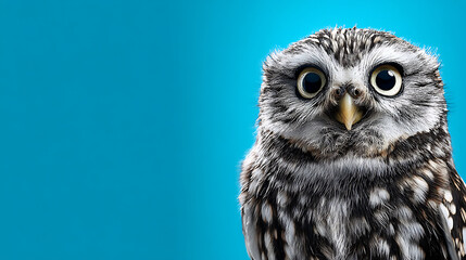 Close-up of a curious owl with large eyes against a vibrant blue background, showcasing its features