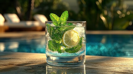 Refreshing Mint and Lemon Drink by the Poolside