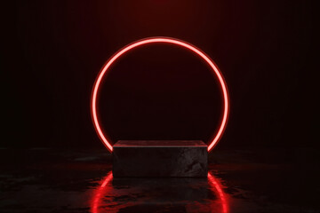 Neon Red Ring and Marble Pedestal