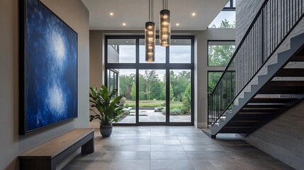 Obraz premium Modern Foyer with Staircase, Windows, and Large Blue Abstract Painting