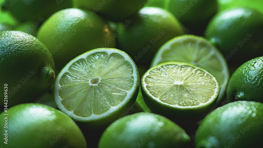 Poster natural lime and lime sliced in half. ripe green limes as the backdrop.
