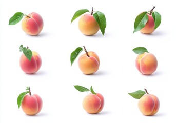 Nine Ripe Peaches with Green Leaves on White Background