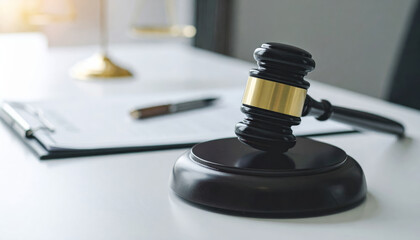 Elegant wooden gavel placed on desk symbolizes justice and court system, representing legal authority and decision making in professional setting