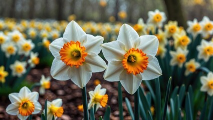 Fototapeta premium Garden showcasing blooming Narcissus flowers.