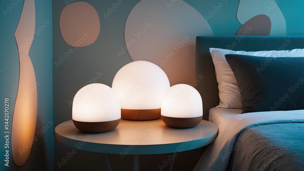 Aufkleber Lamp turned on placed on a circular table near the bed with available space
