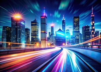 Fototapeta premium Neon City Highway - Futuristic Night Sky Metropolis