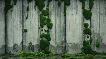Aged concrete surface blanketed in green moss, abstract textural background