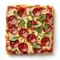 Square pepperoni pizza with basil