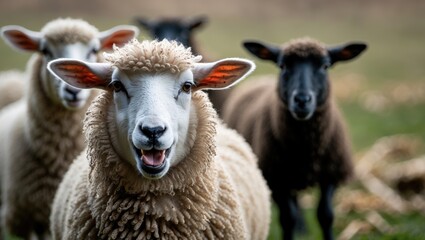Fototapeta premium Intimate portrait of an eccentric sheep, a charming little lamb with a silly face looking towards the camera. Two lambs in the out-of-focus background. Concept of joy, madness, and humor.