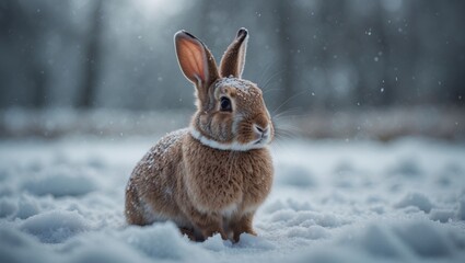 A gentle rabbit rests on fresh snow-covered ground, with frost-kissed fur, depicting the serene beauty of winter in a calm moment.