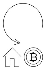 Circular arrow links house outline to Bitcoin symbol, signifying property exchange, blockchain, and financial transactions. Ideal for real estate, cryptocurrency, fintech, investment, digital