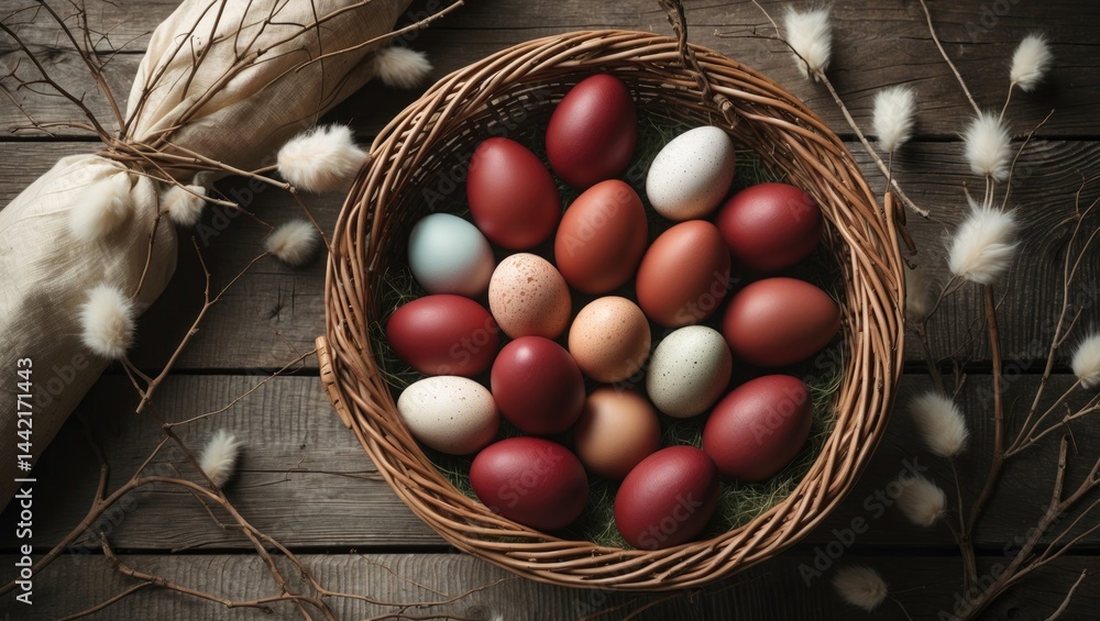 Poster easter visual with a basket of easter eggs set on a wooden backdrop decorated with withy twigs. top-