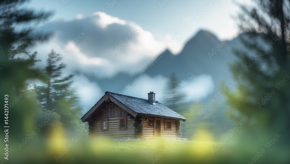 Aufkleber secluded log cabin with a softly blurred background set in a forest clearing surrounded by tall tree