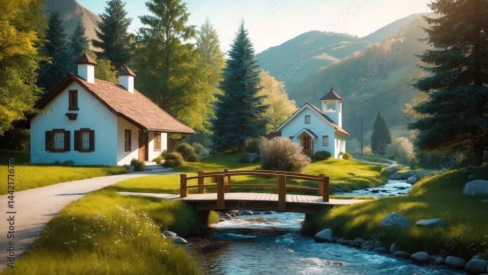 Poster Located in the mountains, a quiet escape presents exquisite architecture enveloped by trees and a serene stream.