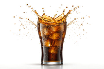 Splashing Ice-Cold Cola in Glass Tumbler with Ice Cubes on White Background