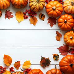 Festive autumn decor from pumpkins berries and leaves on a white wooden background Concept of Thanksgiving Day or Halloween isolated on white background