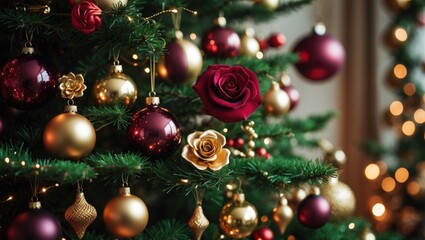 Lush green tree festooned with golden trinkets, spheres, and flowers