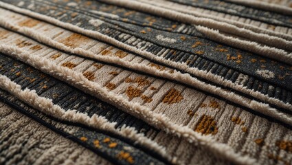 Closeup of traditional indoor soft area rug with carpet or rug texture as background, short pile beige door mat or runner, detailed surface with brown-gray flecks, spots or speckles, abstract pattern.