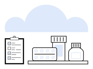 Pharmacy supplies with a tablet strip, medicine bottles, a checklist with tick marks, and a cloud backdrop. Ideal for healthcare, pharmacy, medication, organization, inventory digital health simple