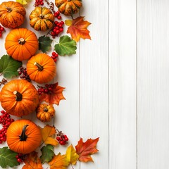 Festive autumn decor from pumpkins berries and leaves on a white wooden background Concept of Thanksgiving Day or Halloween isolated on white background