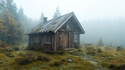 Obraz premium Rustic Wooden Cabin in Misty Forest Landscape with Soft Lighting and Tranquil Atmosphere
