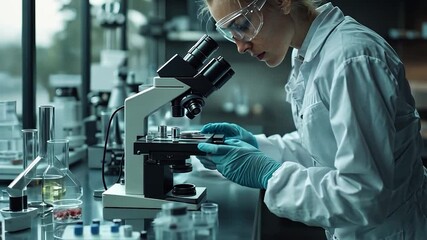 Focused female scientist in a lab coat uses a microscope during research.  She wears safety glasses and gloves. The lab setting includes various beakers, flasks, and lab equipment. Dark, moody