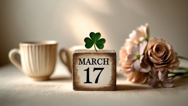 Clover in green next to wooden block calendar