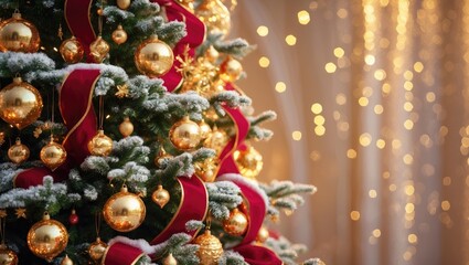 Fototapeta premium Christmas tree adorned with decorations set against a gold background of blurred lights