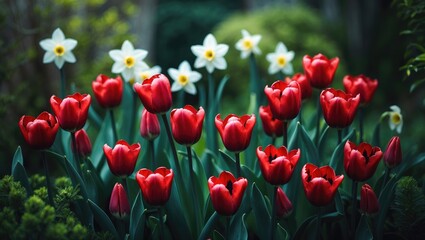 Obraz premium Vivid red tulips combined with white daffodils in full bloom