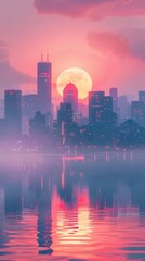Fototapeta premium Sunset casts vibrant colors over modern city skyline with reflections in calm water