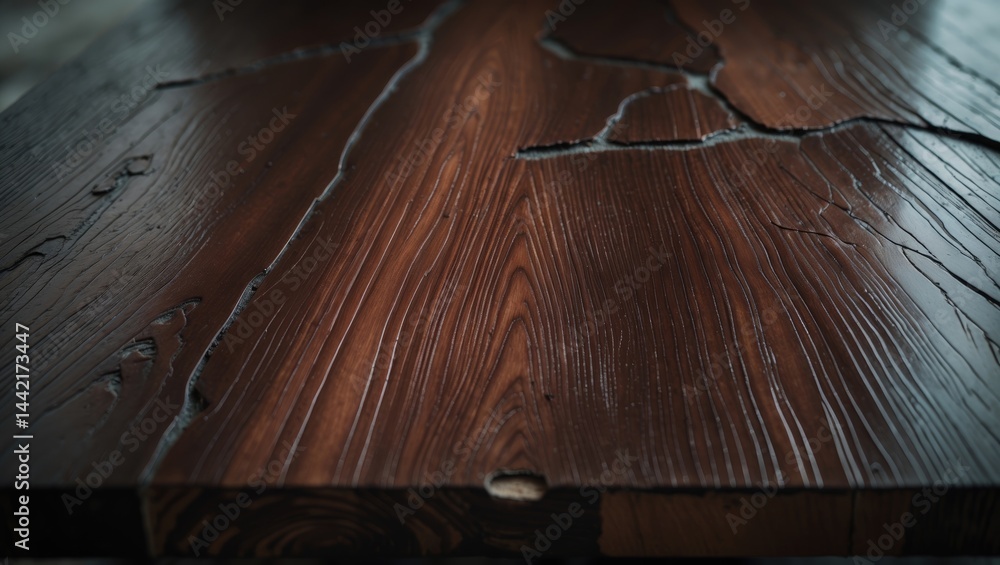 Poster Worn dark brown wood with a varnished surface and a broken lacquer fragment serving as a background