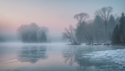 Fototapeta premium Peaceful winter landscape displaying a frozen lake in the foreground and a subtle mist hovering over the silhouetted trees in the background